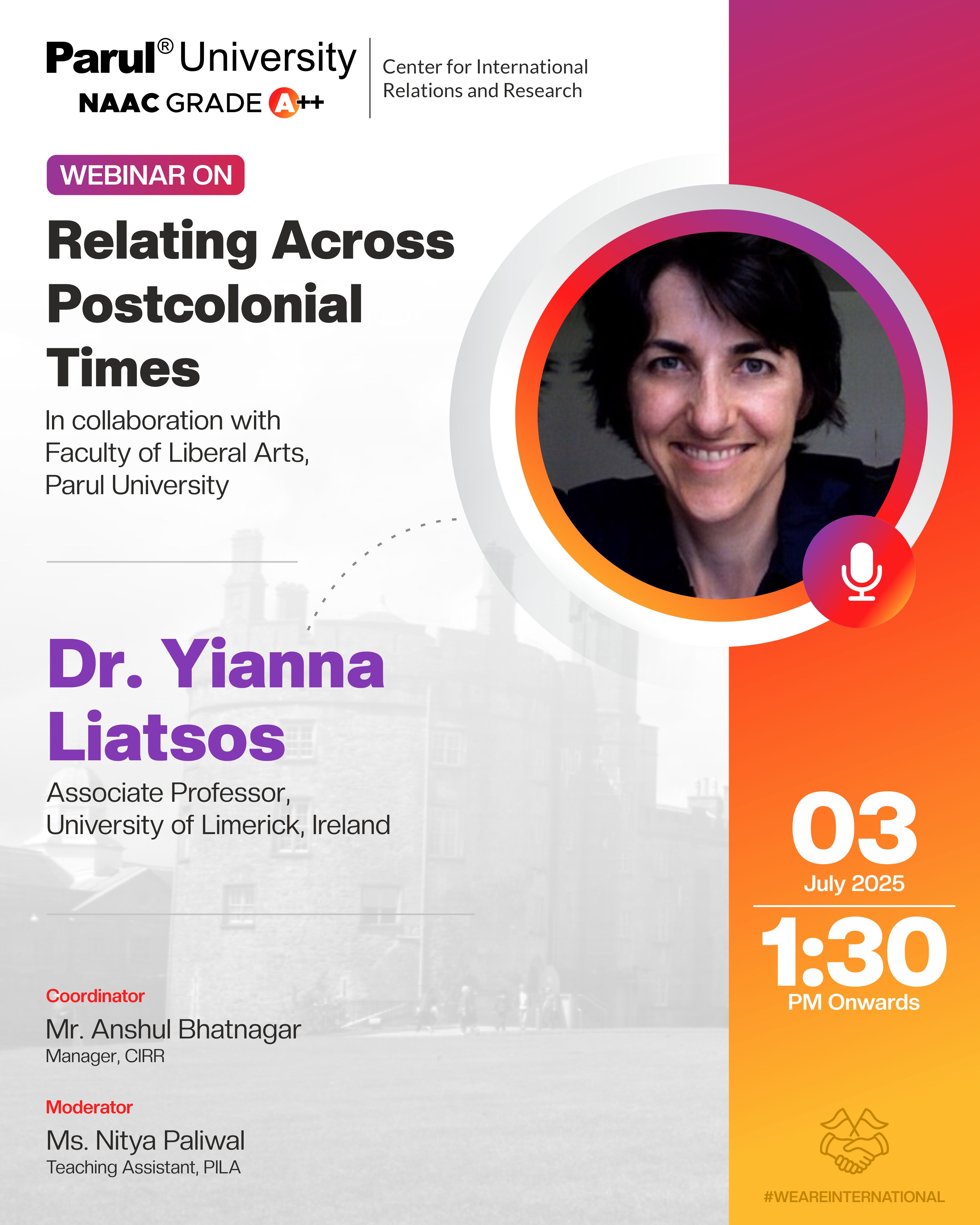 Dr. Yianna Liatsos conducted a webinar on Relating across Postcolonial Times